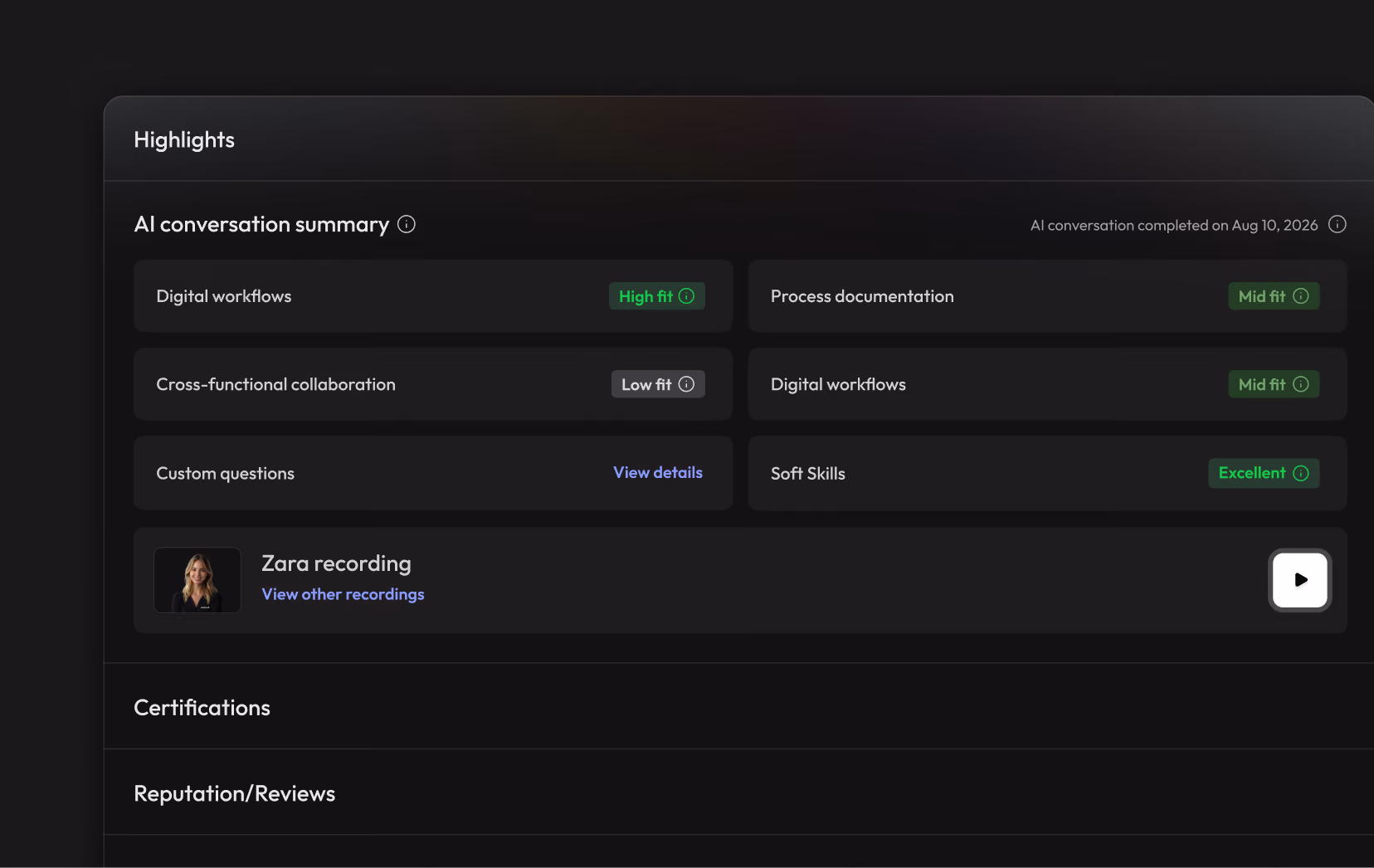 Micro1 example interview review showing an AI conversation summary and company highlights
