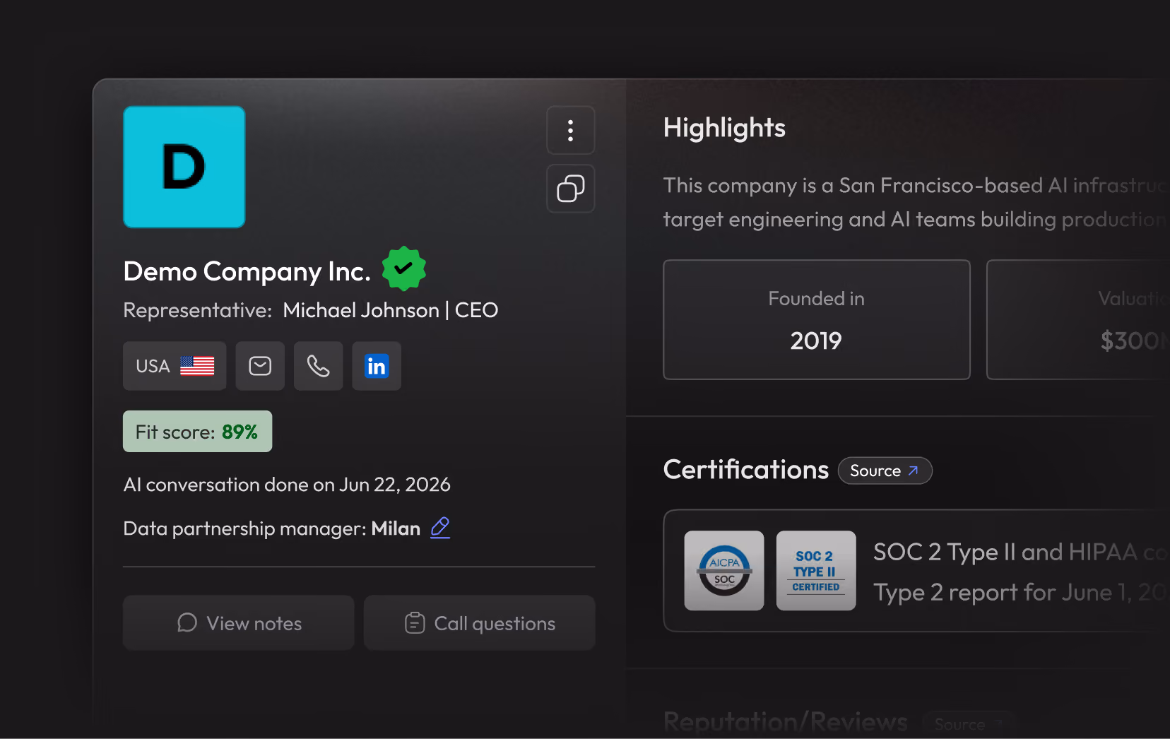 Micro1 example company review dashboard showing fit assessment and review highlights