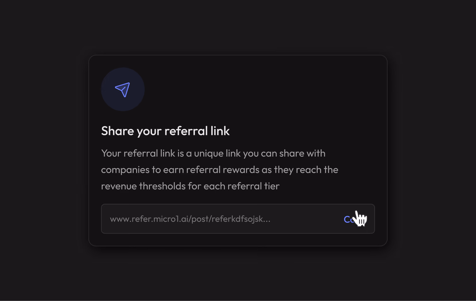 Micro1 partner dashboard example with a personal referral link and copy control